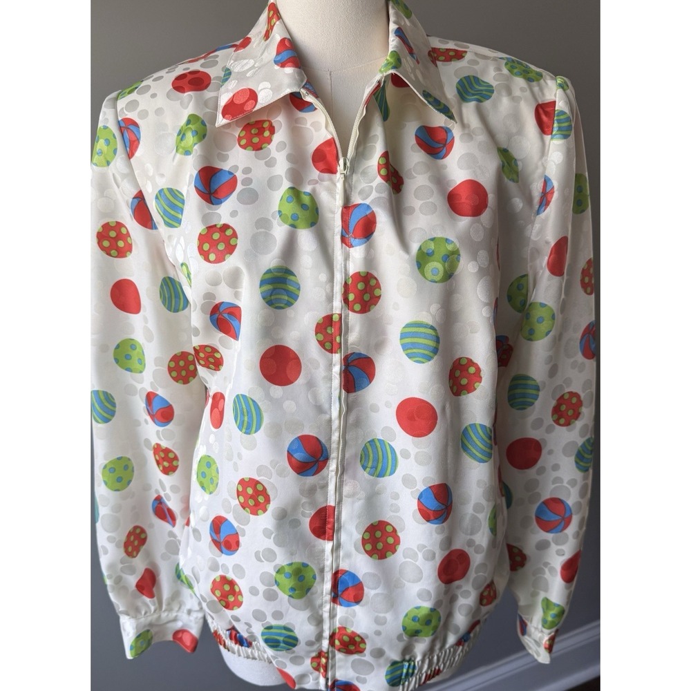 Da-Rue Vintage Satin Jacket Beach Ball Polka Dot Zip Petite 12 Retro